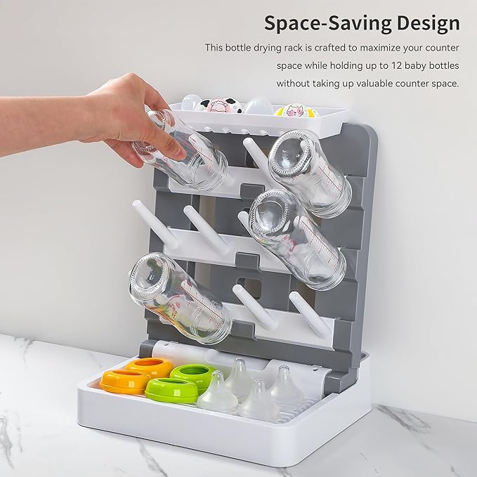 Baby Bottle Drying Rack, Vertical Standing Bottle Dryer Rack Holder-Space Saving Baby Bottle Drying Rack for Countertop-Holds Up to 12 Baby Bottles & Cup