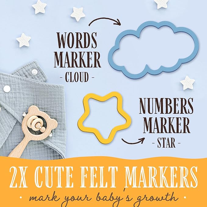 Baby Milestone Blanket, 40x50in Soft Flannel, Custom Cloud & Star Design with Baby Animals, Includes Yellow Star & Blue Cloud Milestone Markers, Perfect, White & Pastel Colors