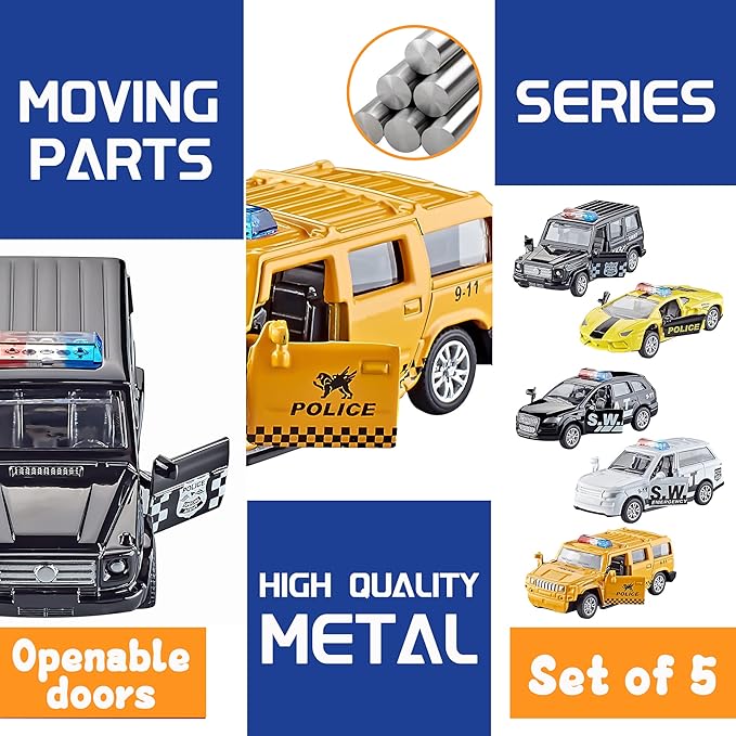 KIDAMI Die Cast Metal Toy Cars Set of 5, Little Openable Doors Pull Back Car Gift Pack for Kids (Police car)