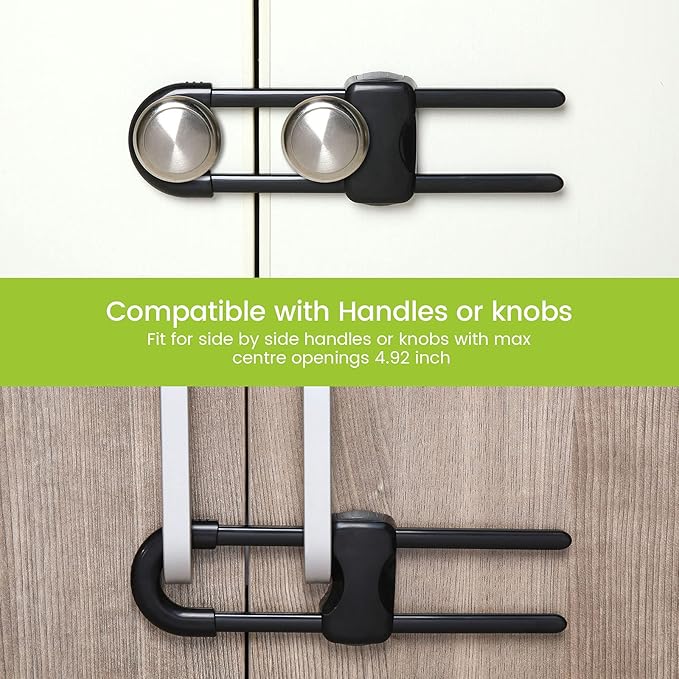 Jetec 10 Pieces Cabinet Locks for Babies, U-Shaped Proofing Drawers Safety Child Locks Adjustable, Easy to Use Childproof Latch for Knob Handle on Kitchen Door Storage Cupboard Closet (Black)