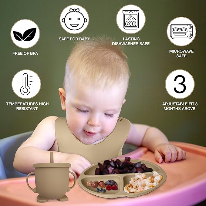 Baby Feeding Set 10-Piece | Baby Led Weaning Utensils Set Includes Suction Bowl and Plate, Baby Spoon and Fork, Sippy Cup, Straw, Lid & 2Bibs | Baby Feeding Supplies (B-Beige)