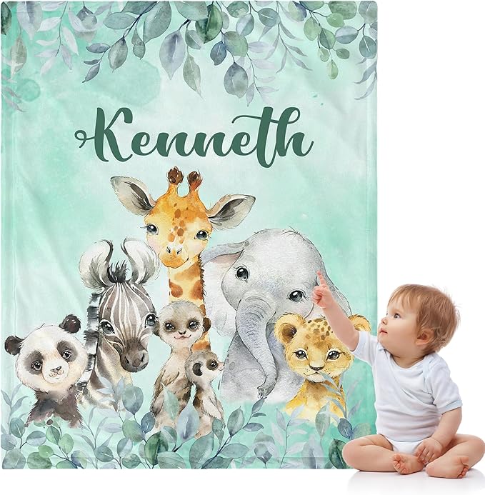 J&SBGFT Personalised Custom Baby Blanket for Boys, Toddlers, Kids - Safari Animal Green