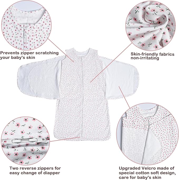Baby Sleep sack Swaddle,Swaddles 3-6 Months,3-Way Adjustable Wearable Transition Blanket 100% Organic Cotton 2-Piece,12-18 lbs,1.0 TOG(Floret&Cherry)