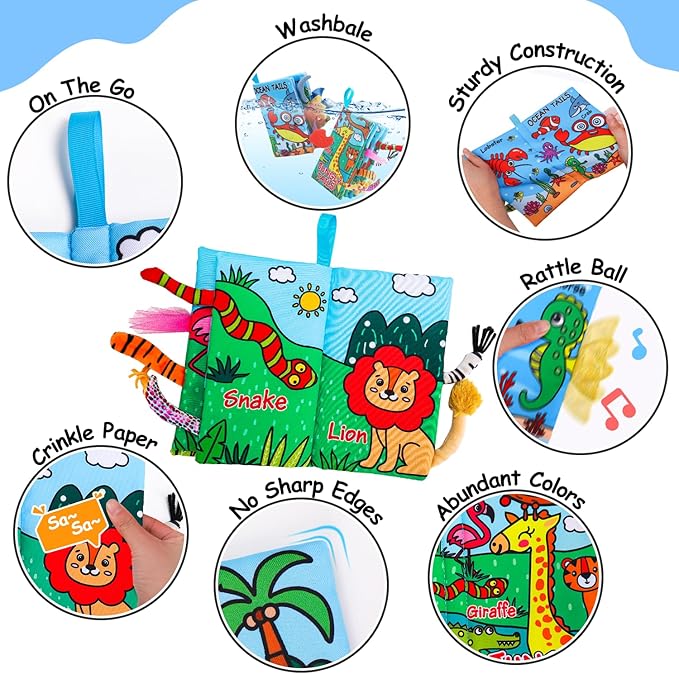 2PCS Baby Books 0-6 Months Infant Toys 0-3 3-6 6-12 Months Baby Tummy Time Sensory Toys 3 4 5 6 Month Newborn Must Haves Crinkle Touch Feel Busy Soft Books for Babies Boys Girls Christmas Shower Gifts