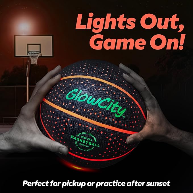 GlowCity Glow in The Dark Basketball for Teen Boy - Glowing Red Basket Ball, Light Up LED Toy for Night Ball Games - Sports Stuff & Gadgets for Kids Age 8 Years Old and Up. Great Gift for Boys & Girls