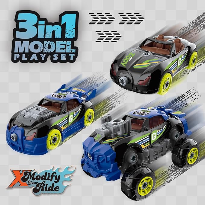 3-in-1 Building Car for Boys Ages 3+, Take Apart Car with Electric Drill, 43 Pcs Construction Toy Truck, Build Your Own Cars with Play Tools, Ideal Educational Present for Kids Children (Black)