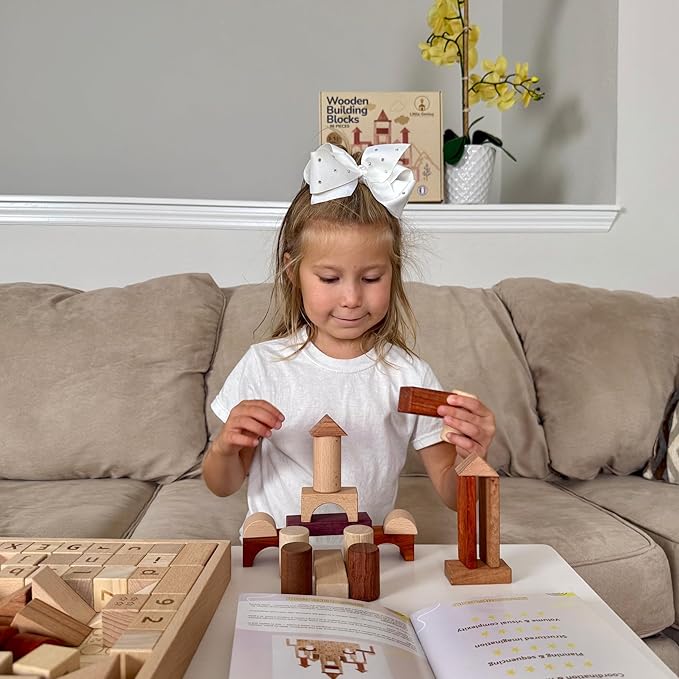 Hexagon Wooden Building Blocks for Toddlers & Kids Ages 3–8 | 86 PCS Montessori Alphabet & Number Set | FSC Beech Wood STEM Toy w/Storage & Learning Guide