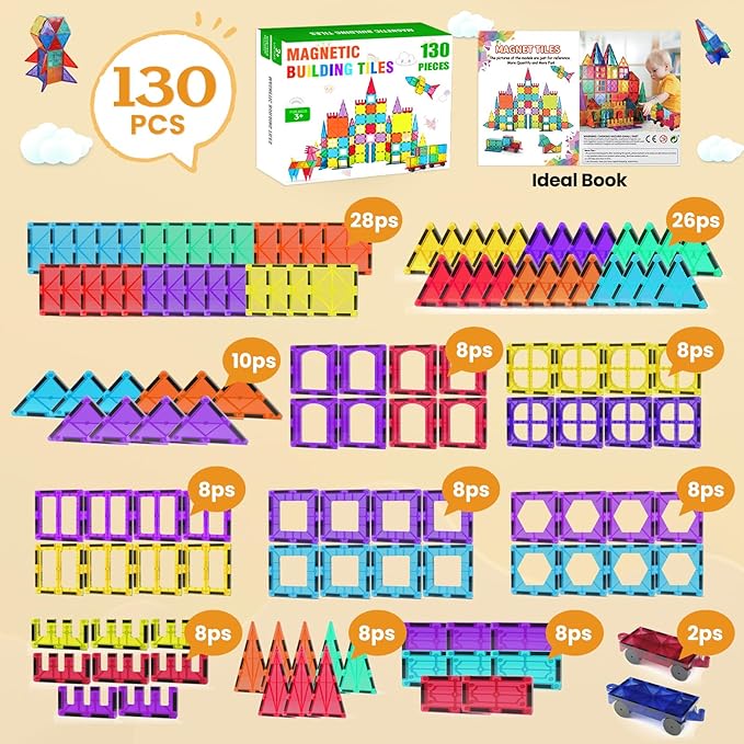 Magnetic Tiles - 130PCS Magnetic Blocks for Kids, Magnet Tiles Building Blocks Set with 2 Cars, Construction STEM Magnet Toys Gift for Kids, Boys and Girls 3 4 5 6 7 8+ Year Old