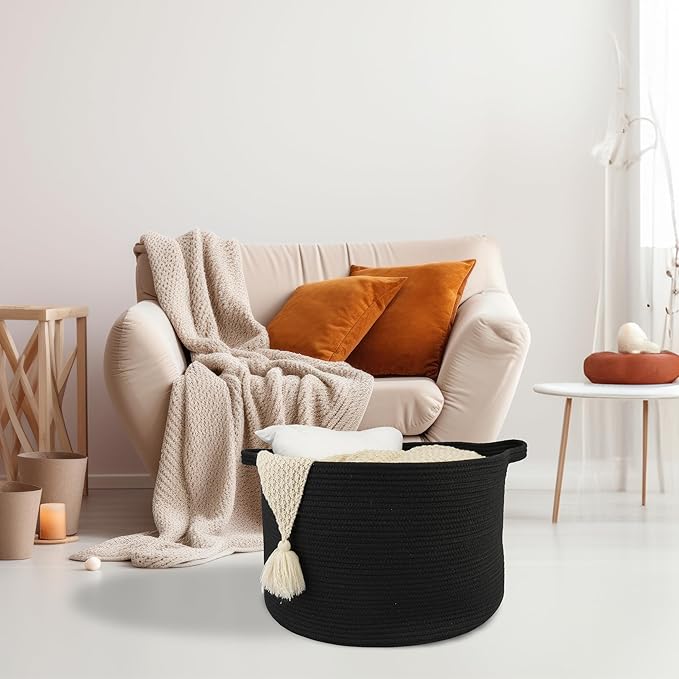 Large Cotton Rope Basket Blankets Basket Living Room 22"x14" Toy Baskets for Kids and Dogs Rope Storage Baskets for Nursery Woven Laundry Baskets for Clothes Towels round black