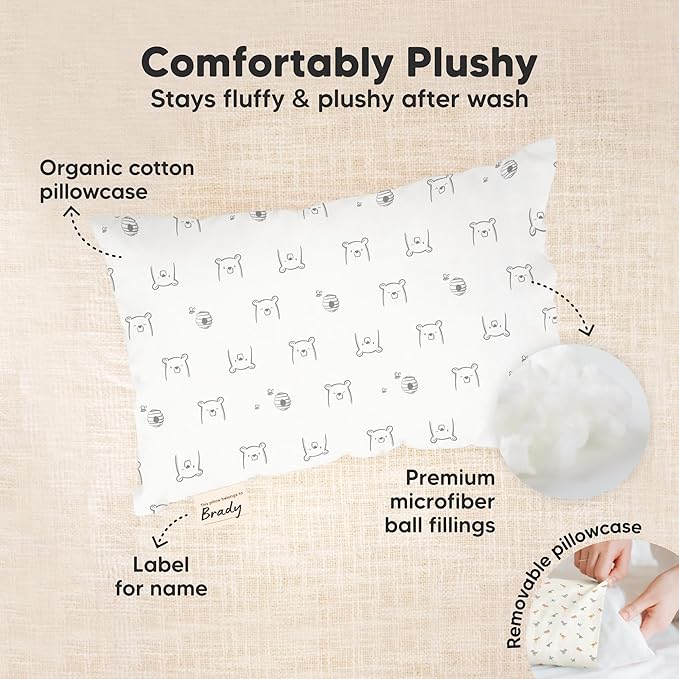 Mini Toddler Pillow with Pillowcase - 9x13 My Little Dreamy Travel Kids Pillow for Sleeping, Toddler Bed, Small, Tiny, Organic Cotton Pillowcase, Soft & Breathable, Kids 2-4 Years Old (KeaFriends)