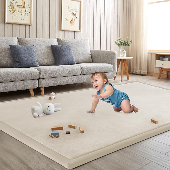 Baby Play Mat for Floor Tummy Time Mat Nursery Rug Muscle Area Rug Playroom Rug Tatami 74 * 50" Memory Foam 1.3" Thick Crawling For Babies,Toddlers, Infants, Kids,Floor(Beige)