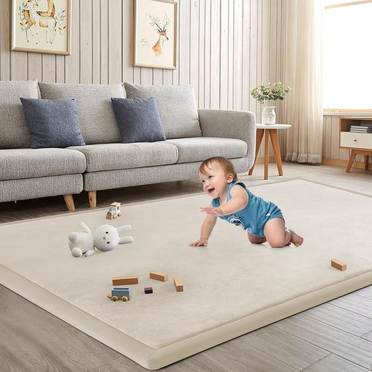 Baby Play Mat for Floor Tummy Time Mat Nursery Muscle Area Rug Playroom Rug Tatami 65"*50" Memory Foam 1.3" Thick Crawling For Babies,Toddlers, Infants, Kids,Floor(Beige)