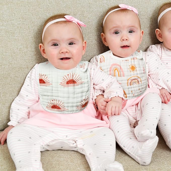 Zainpe 6Pcs Snap Muslin Cotton Bibs for Baby Rainbow Sun Star Adjustable Feeding Bib, Machine Washable Unisex Burp Cloths with 6 Absorbent Soft Layers for Infant Newborn Toddler Drooling Teething