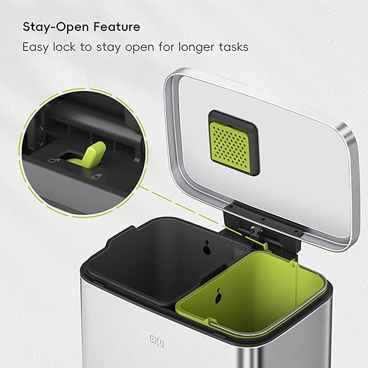 EKO Madison Brushed Stainless 25L+20L Dual Compartment Step Trash Can with Inner Liner, Recycling Bin, Soft-Close Lid, Fingerprint-Resistant Finish, and Durable Stainless Steel for Home and Office