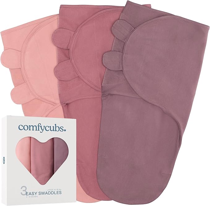 Comfy Cubs Easy Swaddle Blanket, 3 Pack - 100% Cotton Newborn Wrap, Large for 3-6 Months Infants, with Adjustable Velcro, Breathable and Durable Sleep Sack for Babies - Blush, Mauve & Mulberry