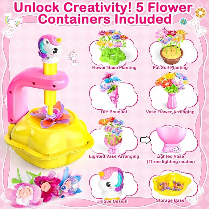 DIY Arts and Crafts for Kids Flower Toys with Lighted vase, Upgraded Unicornous Design Fabric Bouquet Craft Kits for Kids Toys for Toddler Girls Christmas Birthday Gifts for 3 5 6 7 8 10 12+ Year Old