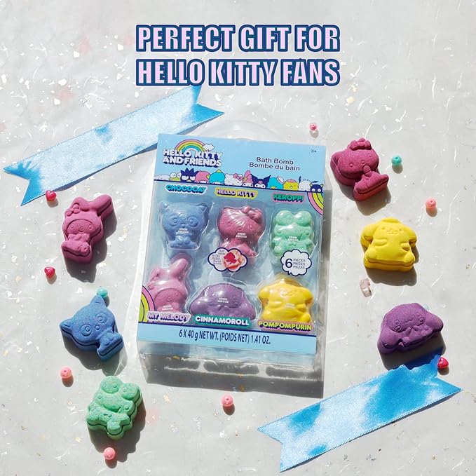 Hello Kitty and Friends Bath Bombs Set, 6 Piece, Bubblegum Scented - Ages 3+ Character Molded – Fun & Bright Colors - Bath Time Fun, Great Birthday Gifts, Stocking Stuffers, by Townley Girl