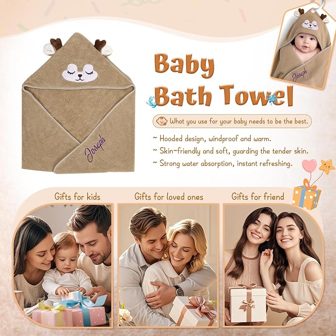 Personalized Baby Towels for Newborn Custom Embroidery Name Hooded Baby Bath Towels for Boy Girl Newborn Essentials Must Haves Shower Gift Soft Coral Velvet 30"x30" (Brown)