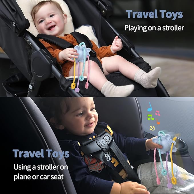 Montesorri-Toys - Pull String Toys for Baby - Made of 100% Food Grade Silicone with Built-in Rattle Function and Easy to Clean Design (Blue)