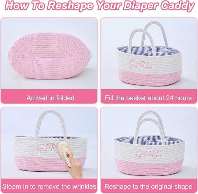 DUHEL Diaper Caddy Organizer with Handle,Baby Basket use for Diaper Organizer and Storage,Baby Girl Newborn Essentials,3 Compartments-Cotton rope Material Storage for Home or Travel. (White＆Pink)