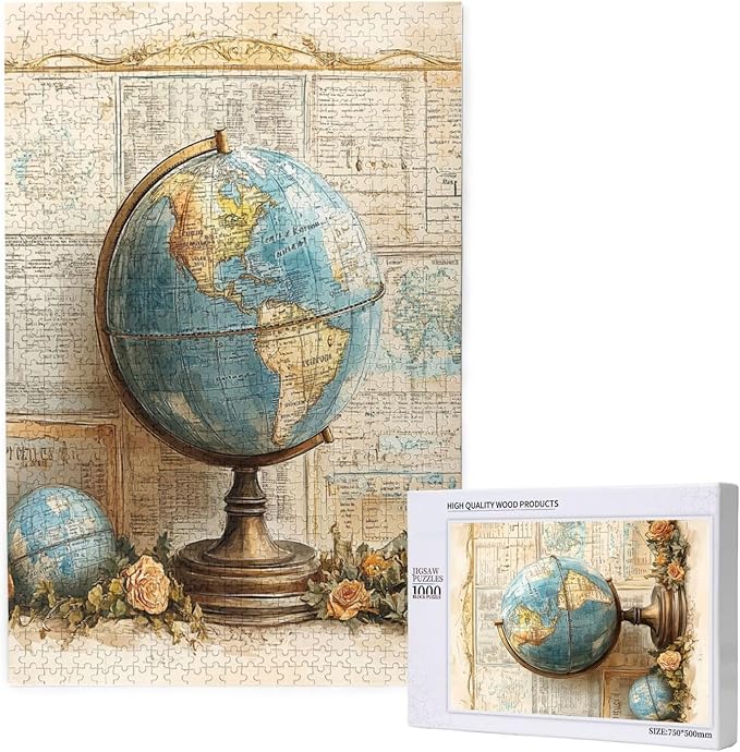 Elegant Globe Puzzle，World Map Inside, Vintage Backdrop, and Rose Detailing，1000 Piece Adults Wooden Jigsaw Puzzle，Puzzles Suitable for Entertaining with Family During Holidays