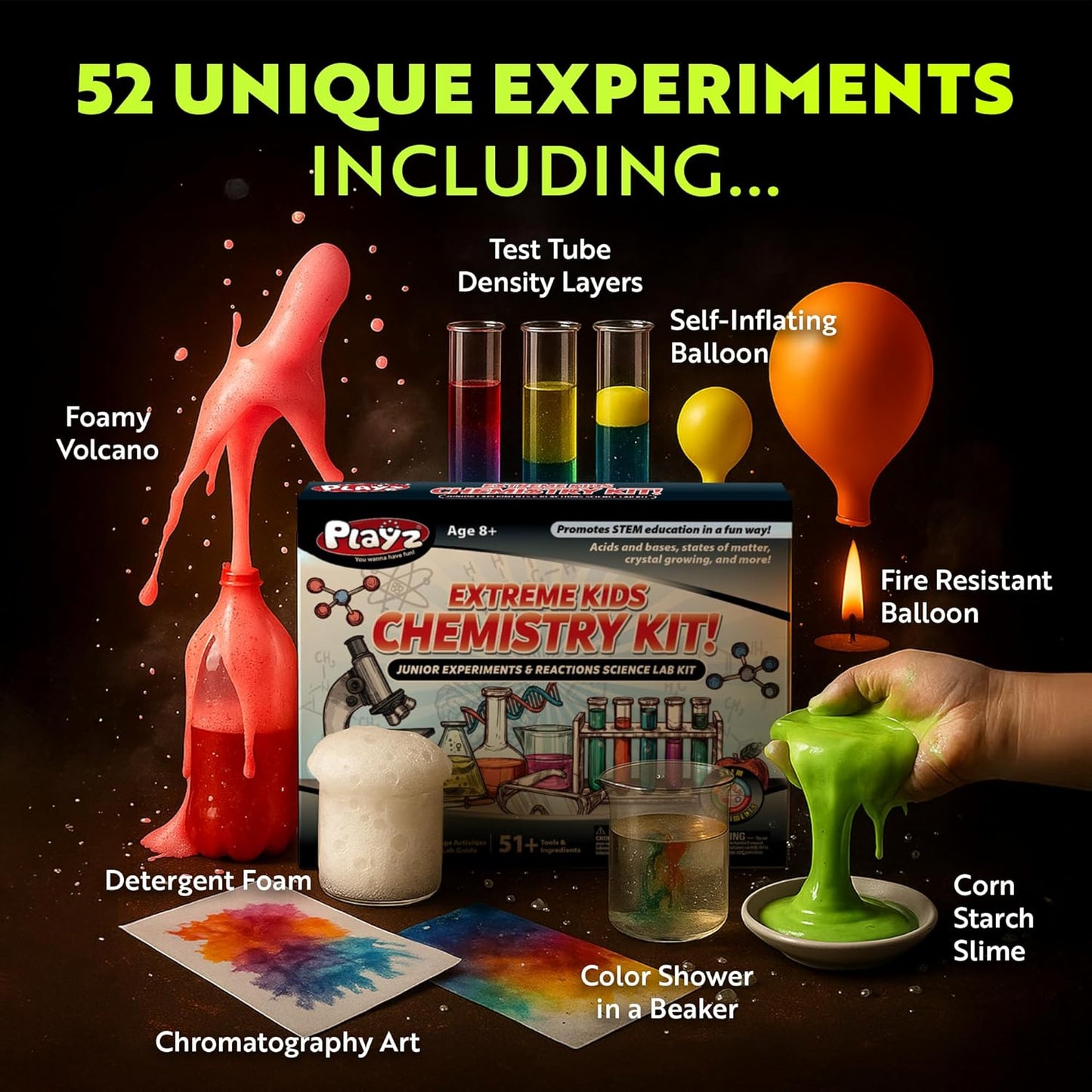 Playz Extreme Chemistry Set – 52 Unique Experiments, Science Kits for Kids Age 8-12, Lab Gear, Volcano Project, Learning Tools, Fair Activity, Discovery Gift, STEM Toys for Boys and Girls