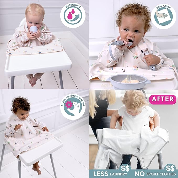 BIBaDO - Long Sleeve Baby Bibs - Babies & Toddlers 6-36 Months - Coverall Baby Led Weaning Bib - Easy Wipe, Soft & Waterproof