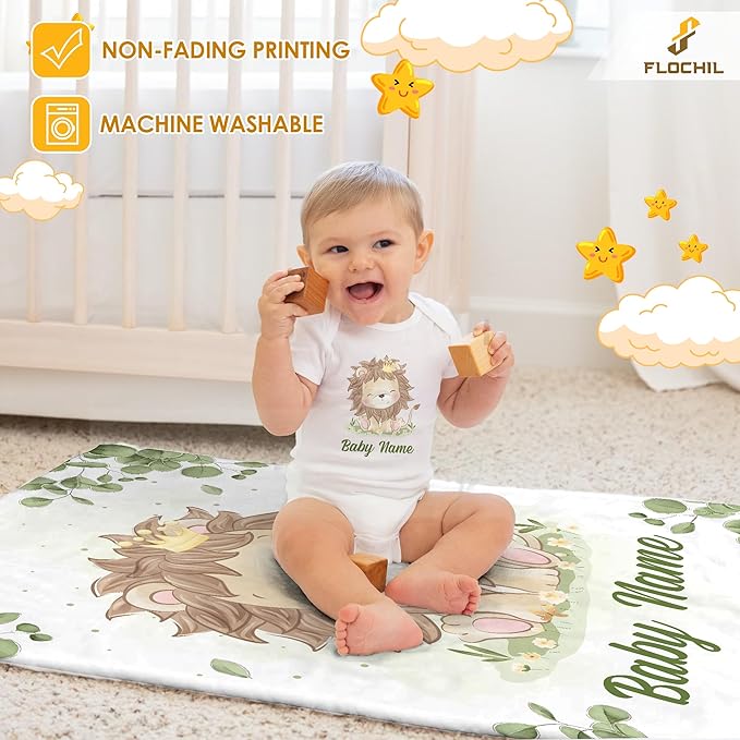 Personalized Baby Blankets, Custom Baby Blanket - Baby Blanket with Name for Boys, Best Gift for Baby, Newborn Elephants Flush Fleece (30x40) (Lion 3)