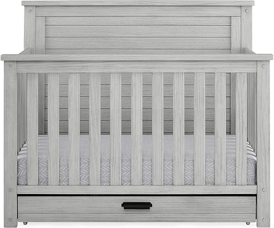 Delta Children Simmons Kids Caden 6-in-1 Convertible Crib with Trundle Drawer, Greenguard Gold Certified, Rustic Mist