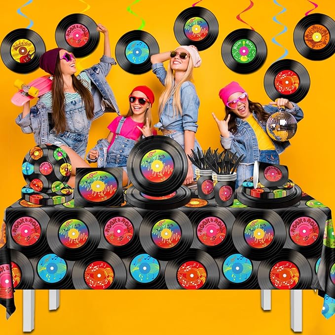 142Pcs Record Theme Tableware Set, 50's Party Decorations Record Paper Plates and Napkins, Cups, Tablecloth, Hanging Swirls Record Banner for 1950's Rock Music Party Supplies