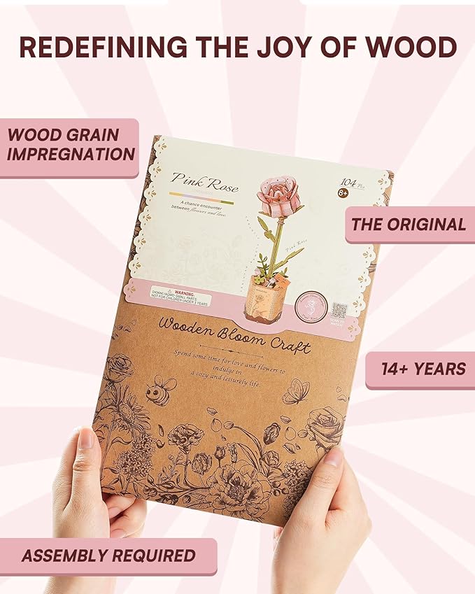 3D Flower Wooden Puzzles for Adults-Pink Rose, DIY Wooden Flowers Model Kit Building Set Crafts for Adults to Build, Botanical Collection/Ideal Creative Gift Ideas/Housewarming (104PCS)