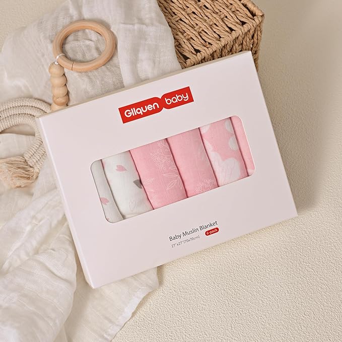 GLLQUEN BABY Receiving Blanket Boy Cotton Muslin Swaddle Blankets Girl Newborn Squares Breathable & Soft Thin Baby Blankets Cloths Double Absorbent Infant Swaddling Wrap - 6 Pack (Rosebud)