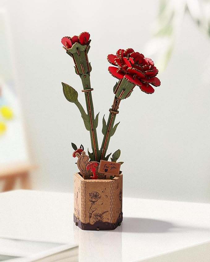 3D Flower Wooden Puzzles for Adults-Red Carnation, DIY Wooden Flowers Model Kit Building Set Crafts for Adults to Build, Botanical Collection/Ideal Creative Gift Ideas/Housewarming (124PCS)