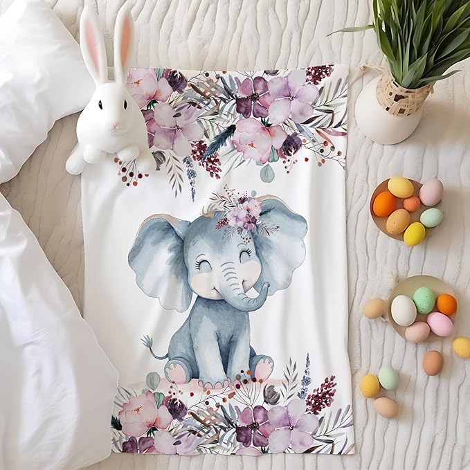 Elephant Baby Blanket, Purple Floral Baby Girl Blankets, Blanket for Girls, New Mom Newborn Gift. Birthday