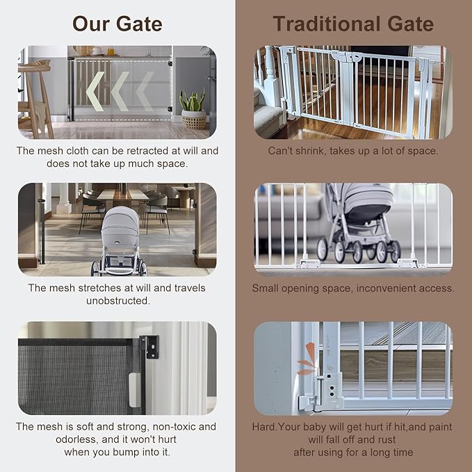 Retractable Baby Gate, 34" Tall, Extends up to 55" Wide, Durable Auto-Lock Baby Gates for Stairs, Mesh Dog Gate and Child Safety Gates for Doorways, Hallways, Indoor, Outdoor(Black)