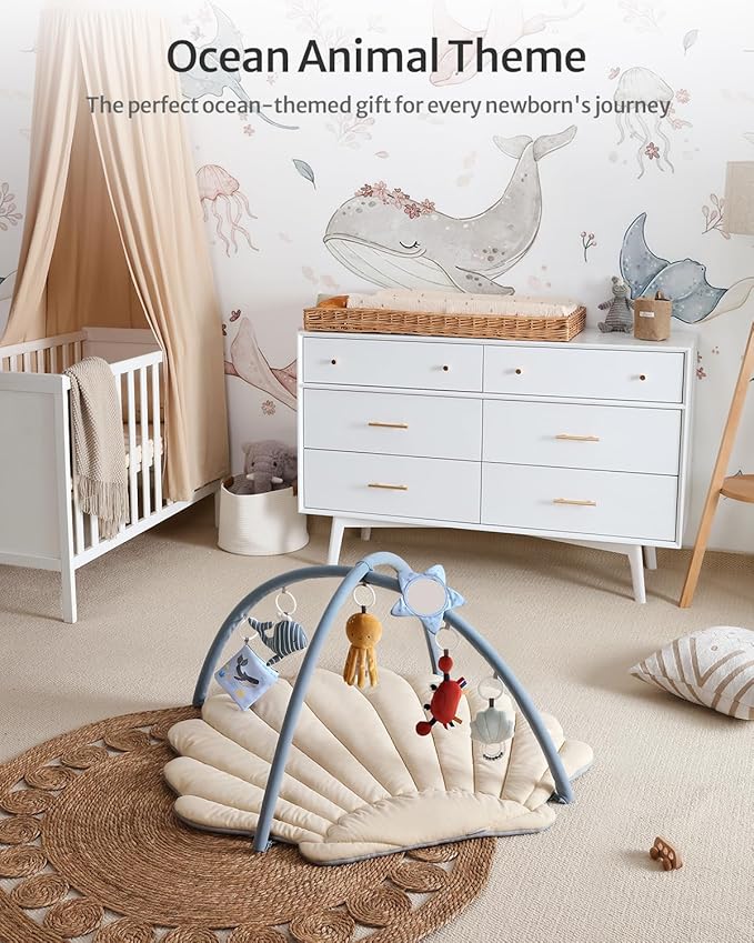 Blissful Diary Shell Baby Play Gym Mat, Softer & Enlarged Tummy Time Mat w 6 Detachable Toys for Sensory & Motor Skill Development, Activity Mat for Newborn Essentials Shower Gift, Boho Ocean Theme