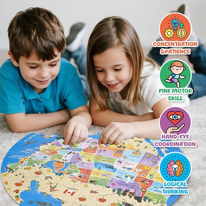 USA Map Puzzle for Kids -70 Piece Round United States Puzzles for Kids Ages 4 and Up, Toddler Puzzle Globe Geography Games Educational Toys Gifts for Boys Girls Childre(United States Map)