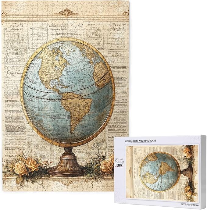 Classic Globe with Detailed World Map and Vintage Documentation, Beautifully Complemented by Decorative Roses，1000 Piece Adults Wooden Jigsaw Puzzle，Ideal for Relaxation and Family Fun