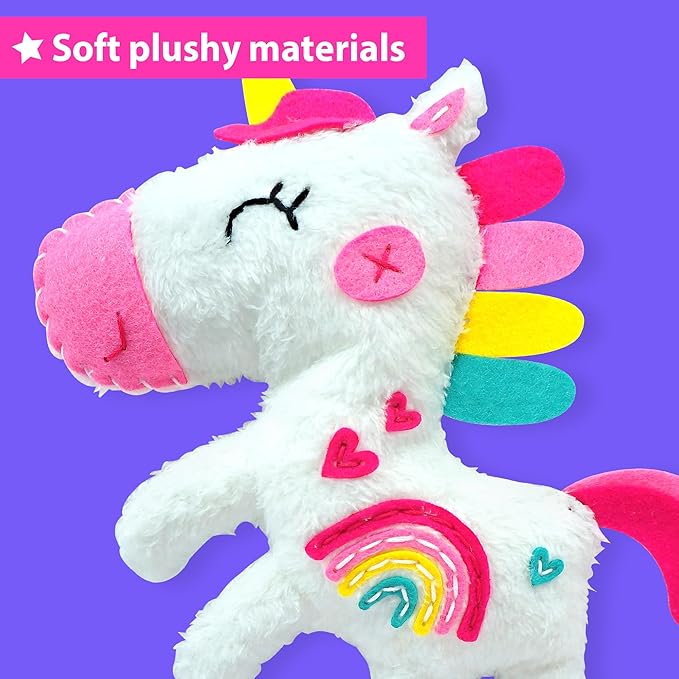KRAFUN Beginner My First Unicorn Sewing Kit for Kids Art & Craft, Doll Plushie Animal, Instructions & Plush Felt Materials for Learn to Sew, Embroidery, Age 7 8 9 10 11 12