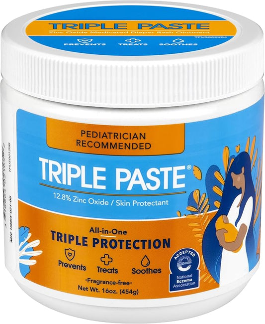 Triple Paste Diaper Rash Cream for Baby - 16 Oz Tub – Zinc Oxide Ointment Treats, Soothes and Prevents Diaper Rash - Pediatrician-Recommended Hypoallergenic Formula for Daily & Overnight Protection
