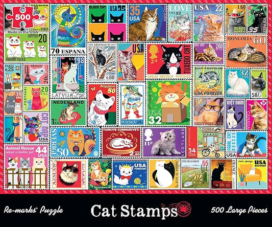 Re-marks Cat Stamps Collage Puzzle, 500 Large Piece Jigsaw Puzzle for All Ages
