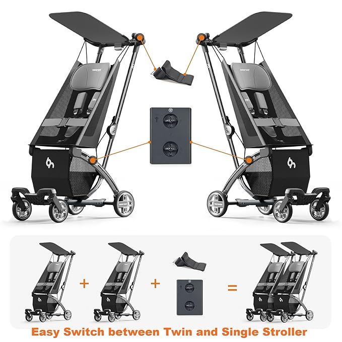 Beberoad Love R1 Auto-Folding Ultra Lightweight Double Stroller Twin Strollers, Side by Side Stroller for Babies and Toddlers Aged 6-36 Months, Only 23.5 lbs, Can Turn into Two Single Strollers, Gray