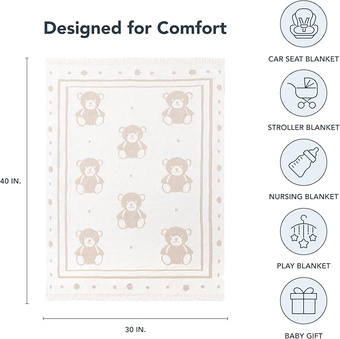 Berkshire Baby Blanket,Ultra-Plush Reversible Chenille Knit Toddler Blanket,Cute Pattern Nursery Crib Blanket,Ideal Baby Gift(30x40 Inches,Teddy Bear Knit White-Tan)