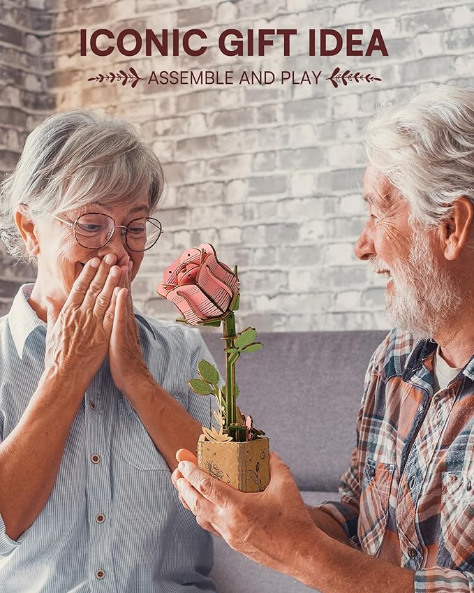 3D Flower Wooden Puzzles for Adults-Pink Rose, DIY Wooden Flowers Model Kit Building Set Crafts for Adults to Build, Botanical Collection/Ideal Creative Gift Ideas/Housewarming (104PCS)