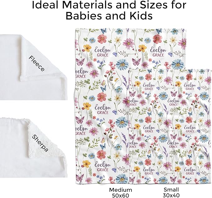 MDPrints Wildflower Custom Baby Blankets for Girls, Personalized Baby Gifts, Customized Newborn Blanket with Name, Minky Plush Fleece (Wildflower TM37)