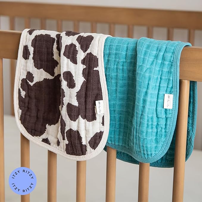 Itzy Ritzy Set of 2 Baby Burp Cloths – Ultra-Soft Absorbent Burping Cloths for Babies - Made of 100% Cotton Muslin and Generously Sized with Trendy Coordinating Prints – Machine Washable (Cow Print)