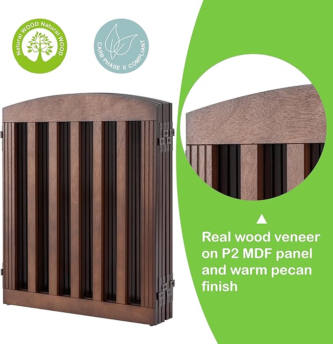 SPIRICH 120" Extra Wide 28" Tall Dog Gate Indoor, Dog Gates for Doorways, Stairs, The House, Wooden Freestanding Foldable Pet Gate, Step Over Puppy Safety Fence, 5 Panels, Brown