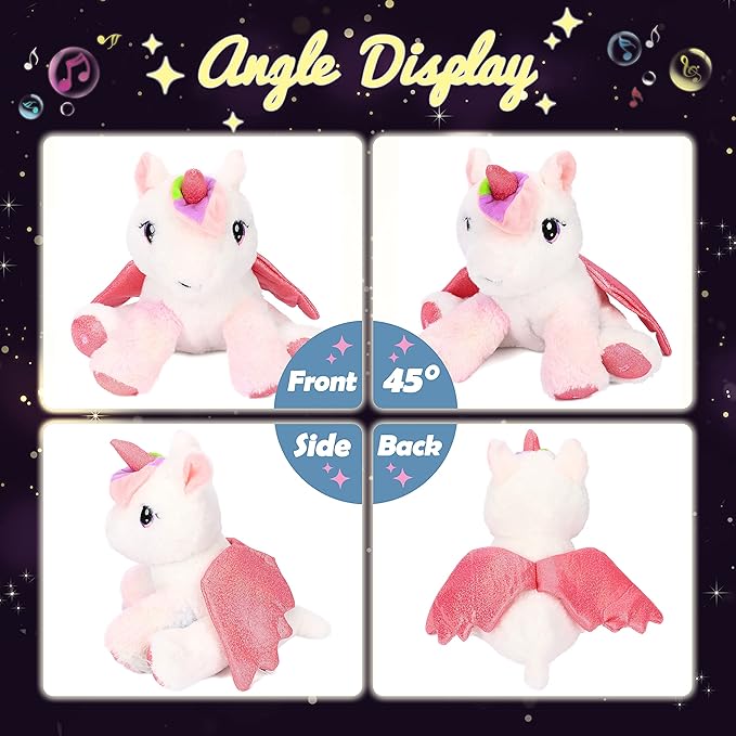 Hopearl LED Musical Stuffed Unicorn Adorable Lighting Up Singing Plush Toy Adjustable Volume Lullaby Animated Soothe Birthday Festival for Kids Toddler Girls, White, 11''