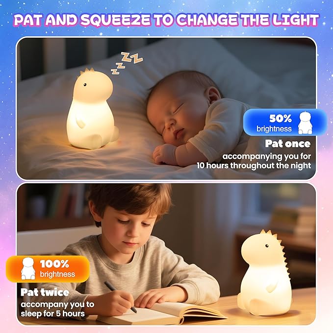 Night Light for Kids, Rechargeable Dimmable Silicone LED Nightlight with 7 Colors, Baby Nursery Night Lamp, Touch Squishy Lamp, Cute Gifts for Girls, Boys, Toddler Room Decor, Dinosaur