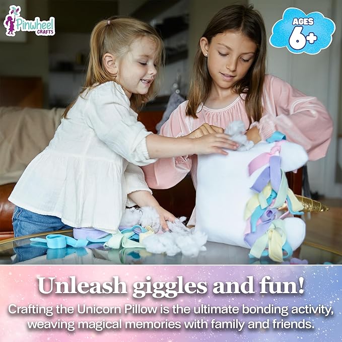 Pinwheel Crafts Unicorn Pillow Kit - DIY Arts and Crafts for Kids Ages 6 7 8-12+ Years, No Sewing Kit for Kids, Unicorn White Pillow Craft Kits for Birthday, Christmas Gifts for Girls